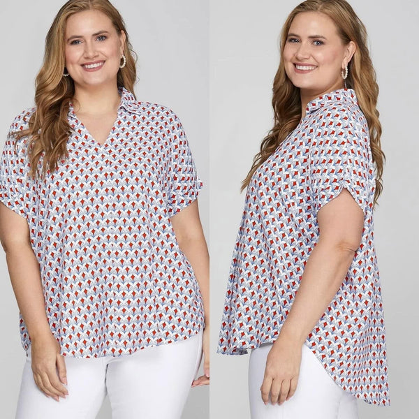 She & Sky Patterned Red & Blue-Collar Shirt Brittany Wilson