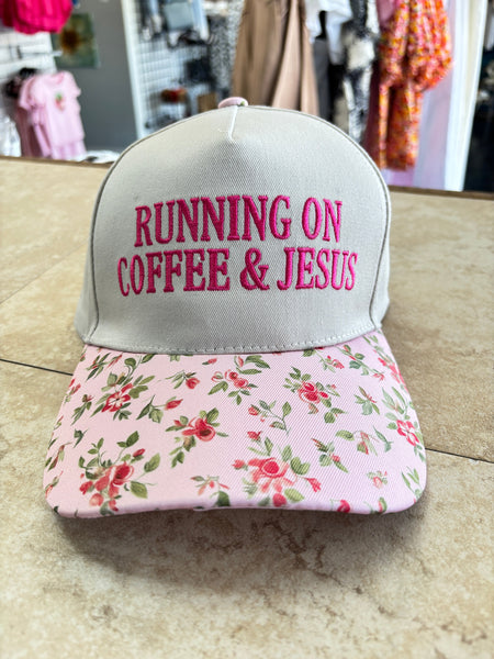 Running on Jesus and Coffee Ball Cap | Leopard & Floral OhhMy! Gifts and Things, LLC