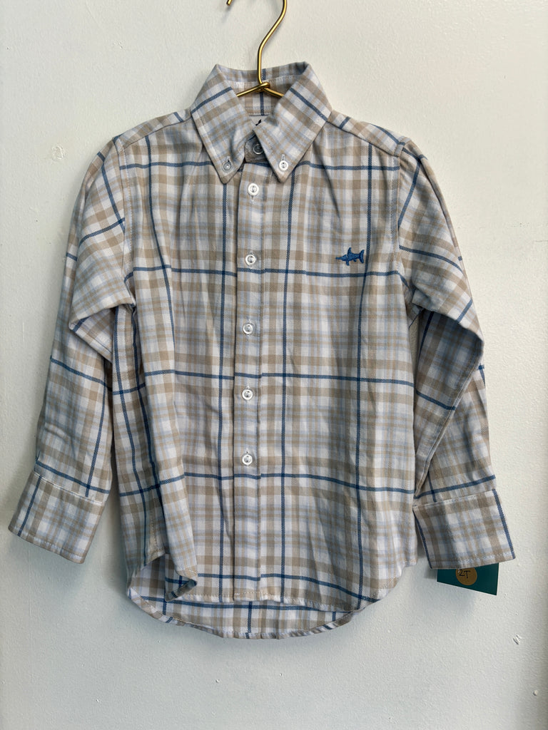 Saltwater Boys Khaki and blue flannel shirt button down long sleeve