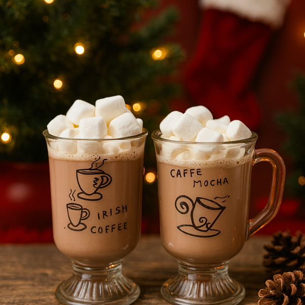 Set of 2-Anchor Hocking Irish Coffee Latte Footed Pedestal Clear Glass Mugs with gold lettering OhhMy! Gifts and Things, LLC