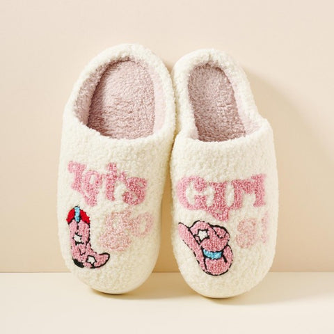 Cozy White (Pink) hat & boot "Let's go Girls" Cowgirl Slippers Amanda Queen