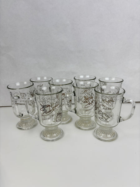 Set of 2-Anchor Hocking Irish Coffee Latte Footed Pedestal Clear Glass Mugs with gold lettering