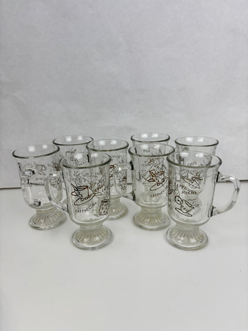 Set of 2-Anchor Hocking Irish Coffee Latte Footed Pedestal Clear Glass Mugs with gold lettering