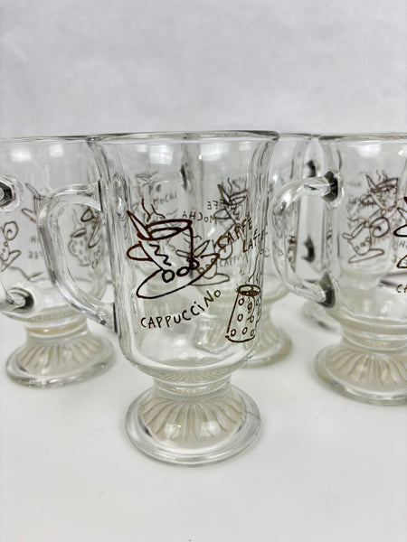 Set of 2-Anchor Hocking Irish Coffee Latte Footed Pedestal Clear Glass Mugs with gold lettering