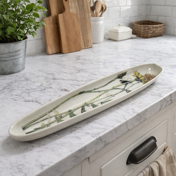 White Floral Stoneware Cookie Dish 13” - Oblong Serving Platter with Design Brittany Wilson