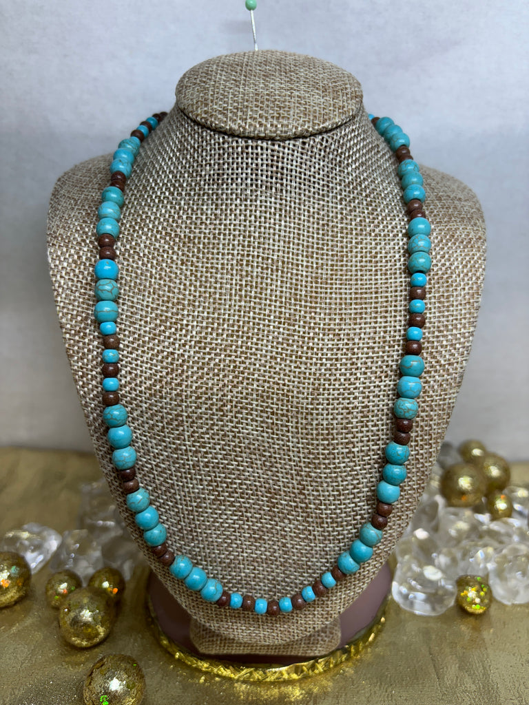 Turquoise and brown wooden bead necklace, 26” with 2” extender