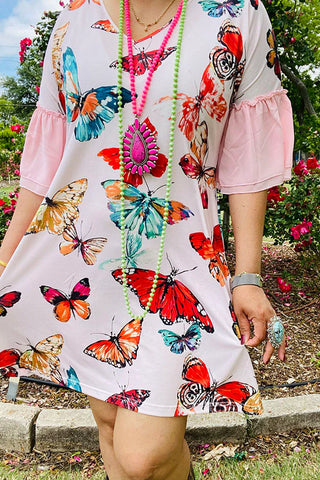 Multi color butterfly prints women dress with pink ruffle short sleeves