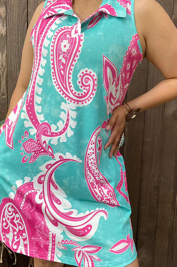  Pink paisley prints sleeveless women dress