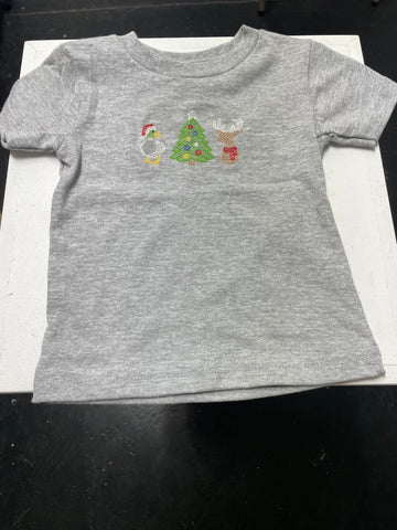 Gray t-shirt w/ embroidered designs duck tree deer