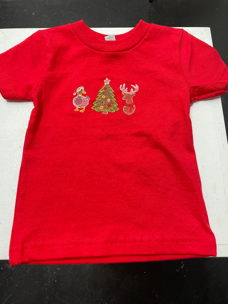 Kids Christmas T-shirt Skylar Freeman-Red w embroidery duck tree deer