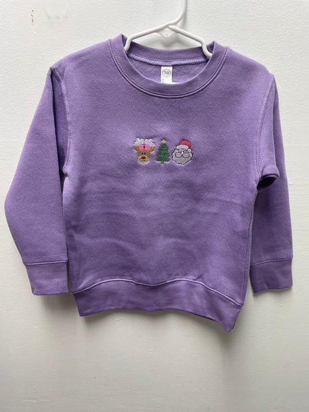 Girls Christmas Sweatshirt w/embroidery deer/tree/Santa-Purple