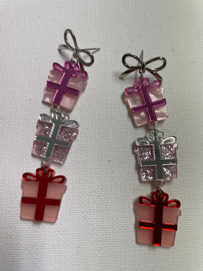 3" Dangle 3 tier earrings red/pink/silver presents w/silver bow studs