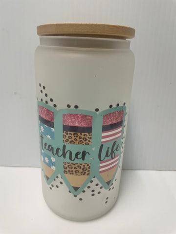 16 oz. Glass Coffee Cups-Frosted Teacher Life/rainbow