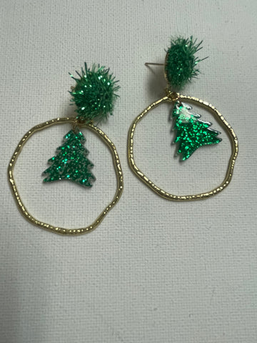 2" Round gold earrings with green acrylic middle w/tree with green spikey stud