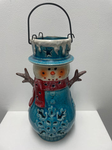 15"Tall Ceramic Blue Snowman Lantern w/Red Scarf