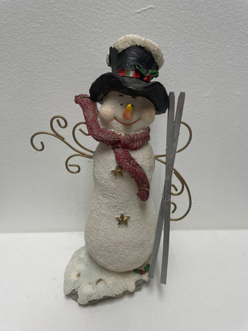 8"x3" Sparkly white Snowman with gray skies/black hat shelf sitter