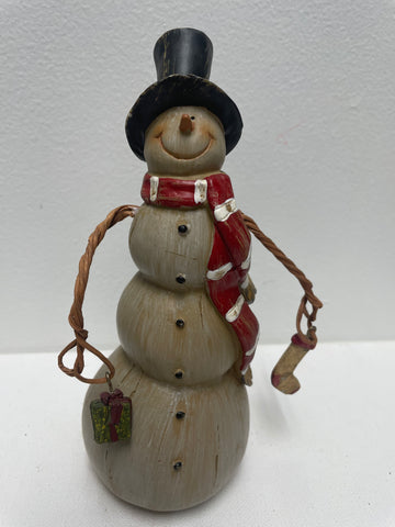 7"Tall Wood Snowman w/black hat/red scarf/stocking/present in hands