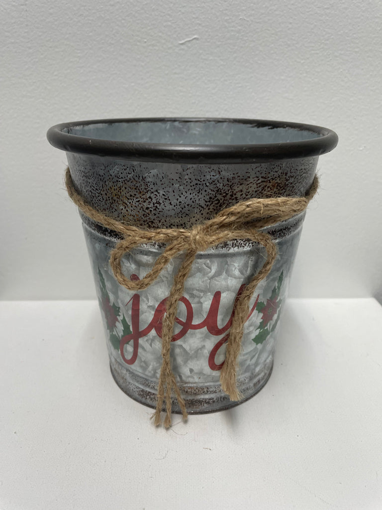 7"x7" round galvanized Christmas bucket/red JOY w/Poinsette
