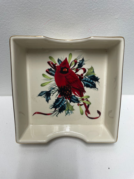 6"x6" Porcelain Lenox White gold trim napkin Holder w/ Red Cardinal