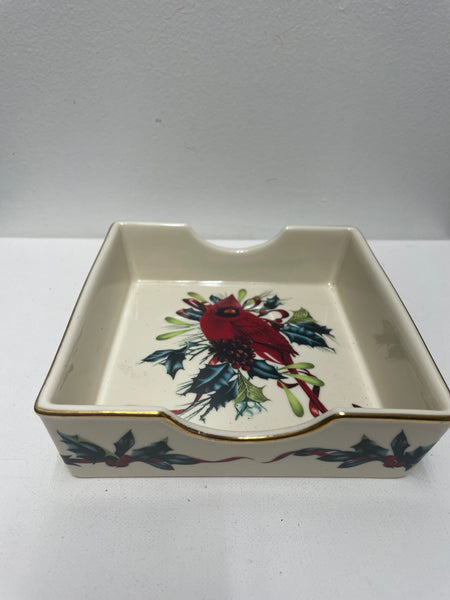 6"x6" Porcelain Lenox White gold trim napkin Holder w/ Red Cardinal