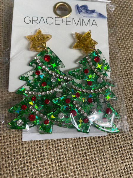 Christmas Earrings-acrylic green xmas tree with gold star post