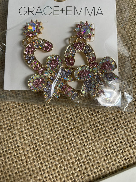 Christmas Earrings-gold post w/rhinestones pink purple candy canes