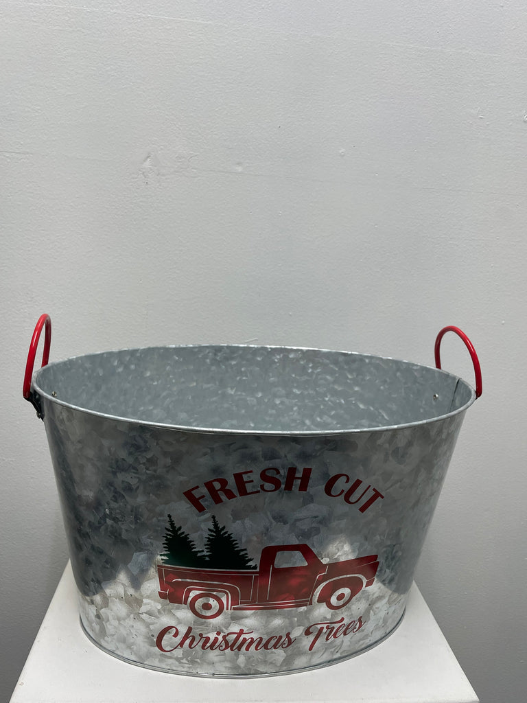 9"x15"Oval Galvanized Bucket w/Red truck "Fresh cut Christmas Trees