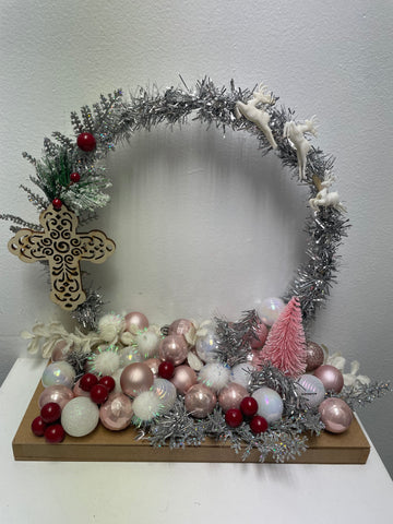 12"x12" Silver Christmas Home Decor w/cross/reindeer/Pink balls red
