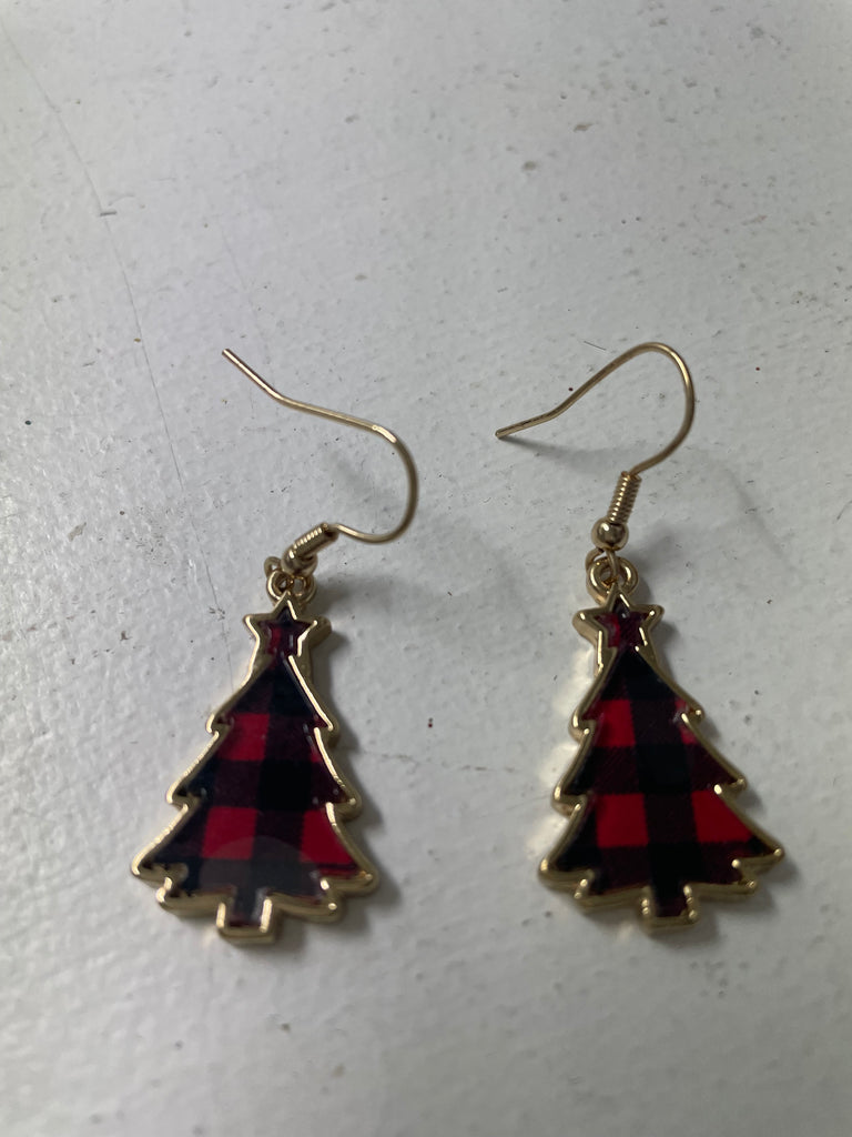 Gold Dangle Black/Red checkered Christmas tree earrings