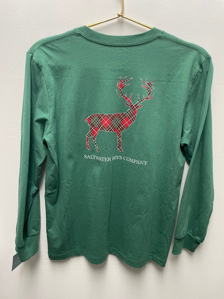 Saltwater Boys Christmas Long Sleeve green t-shirt w/red/green plaid deer