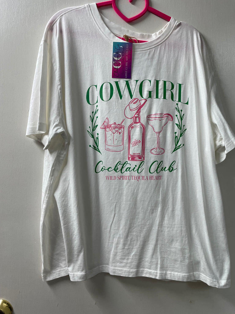 White 100%cotton 2xl T-shirt "Cowgirl Cocktail Club"green/pink