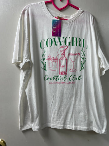 White 100%cotton 2xl T-shirt "Cowgirl Cocktail Club"green/pink