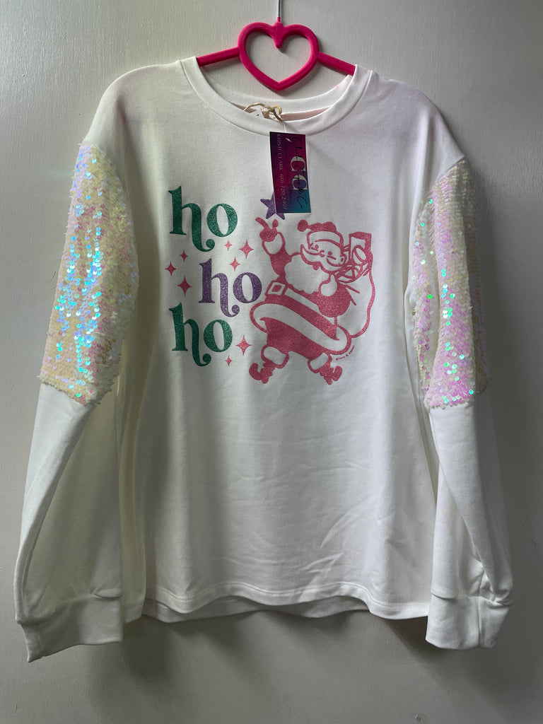 White Medium Sweatshirt w/sequin sleeve w/"Ho Ho Ho w/Santa