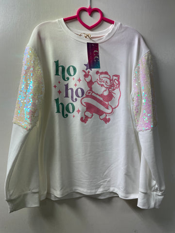White Medium Sweatshirt w/sequin sleeve w/"Ho Ho Ho w/Santa