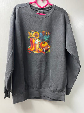 Comfort Color Medium Dark Gray Sweatshirt w/Tis the Season w/boots/pumpkin/football
