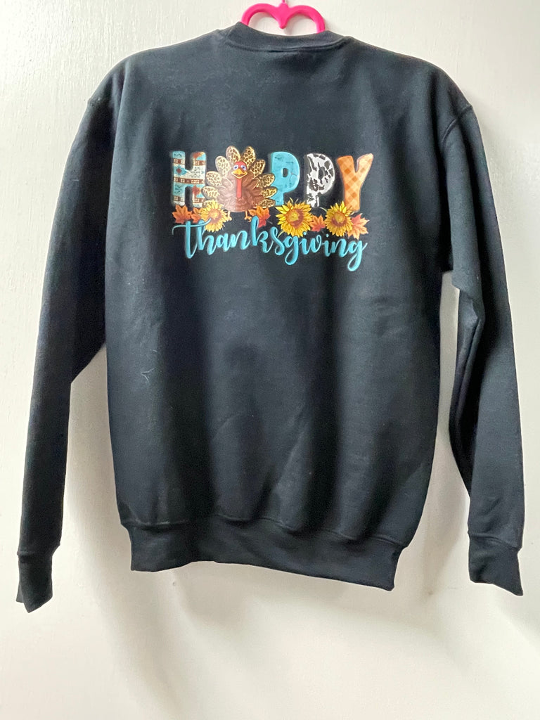 Gildan Fall Large Black Sweatshirt w/Happy Thanksgiving w/turkey Kristie Clark