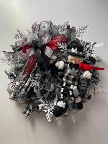 26"x26" Handmade Black/White Checkered Snowman Wreath