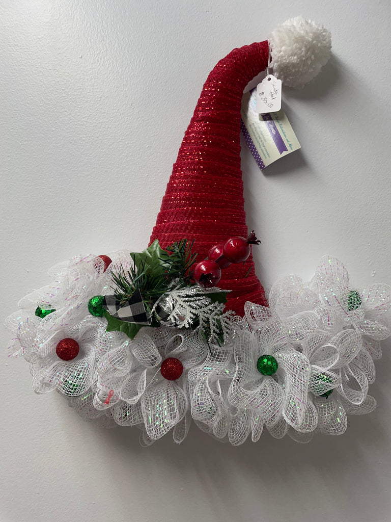 17"x15"Red Elf Hat w/red/green balls on white wreath
