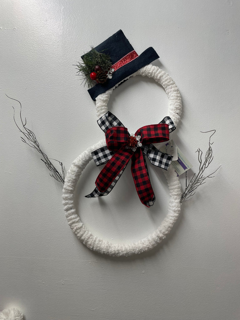 23"x16"Double White ring Snowman with silver arms wreath