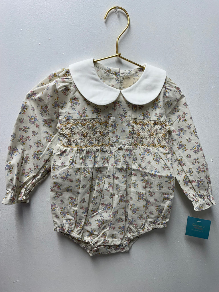 Petite Moss White/floral Onesie Hand Smocked Bubble