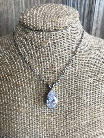 Silver Plated Diamond Tear Drop Necklace 