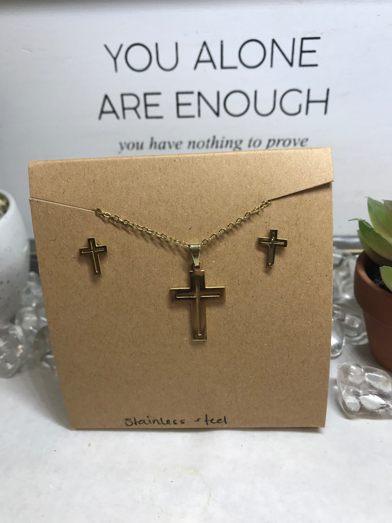 stud earrings w/small cross necklace