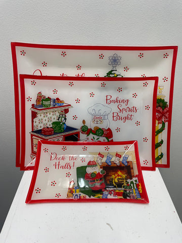 Temptations Christmas 3 piece Glass serving trays-Red/white-Santa 