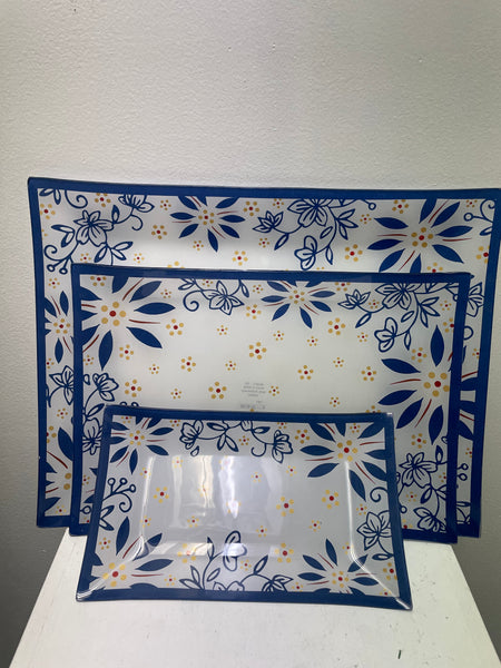 Temptations Christmas 3 piece Glass serving trays-White blue floral
