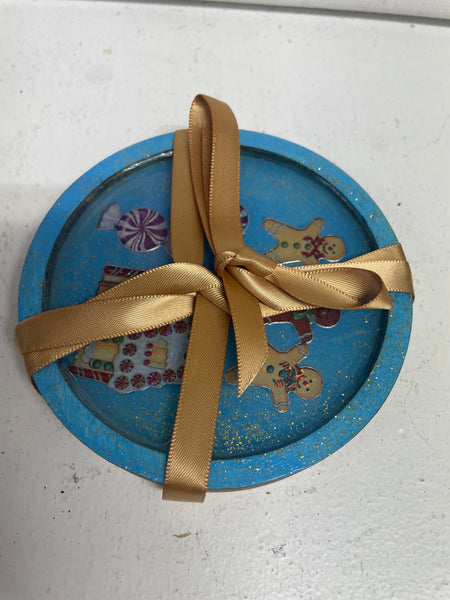 4"Round Resin coaster Tiffany Sutton-blue/gold sprinkle holiday theme 