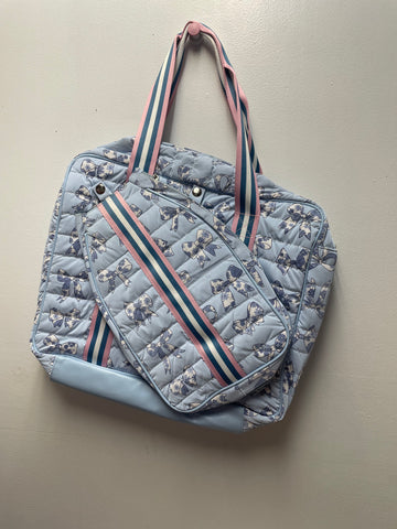 18"x 14" Katy Did Pickle Ball Bag-Blue/w lavender/white bows 