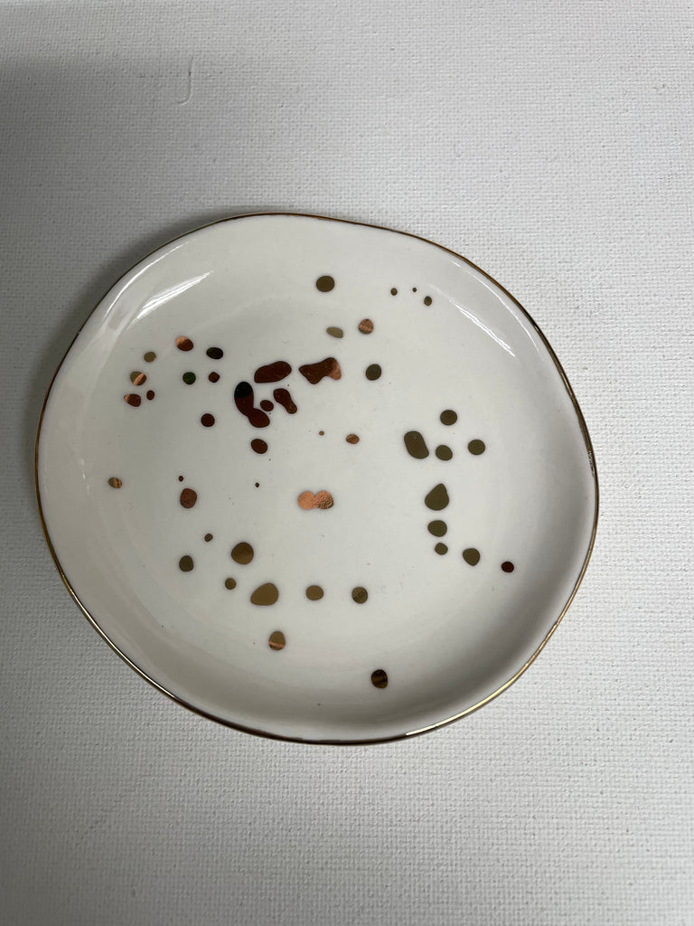 13"Round White/gold speck Jewelry Dish