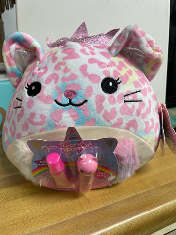 Kid's Huggy Squeeze Pink Leopard Cat/secret pocket/lip gloss & Lip balm