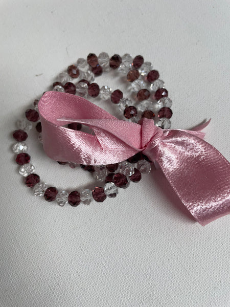 3 piece stretch beaded bracelet w/ribbon/bow-black/white pink ribbon