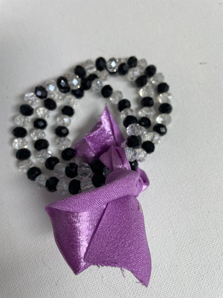 3 piece stretch beaded bracelet w/ribbon/bow Amanda Queen-black/clear w/lavender ribbon